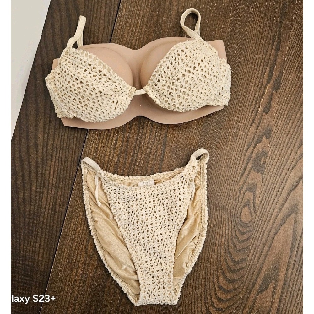 Baja Blue Vintage 90s Crochet Bikini Set Cream‎ Underwire Top Sz 12 Bottom 10 US